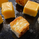 In the skillet, the bread cheese got toasty on all sides